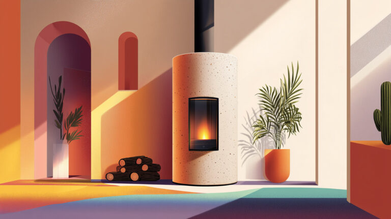 Poêle à accumulation cylindrique en pierre ollaire claire dans un salon lumineux